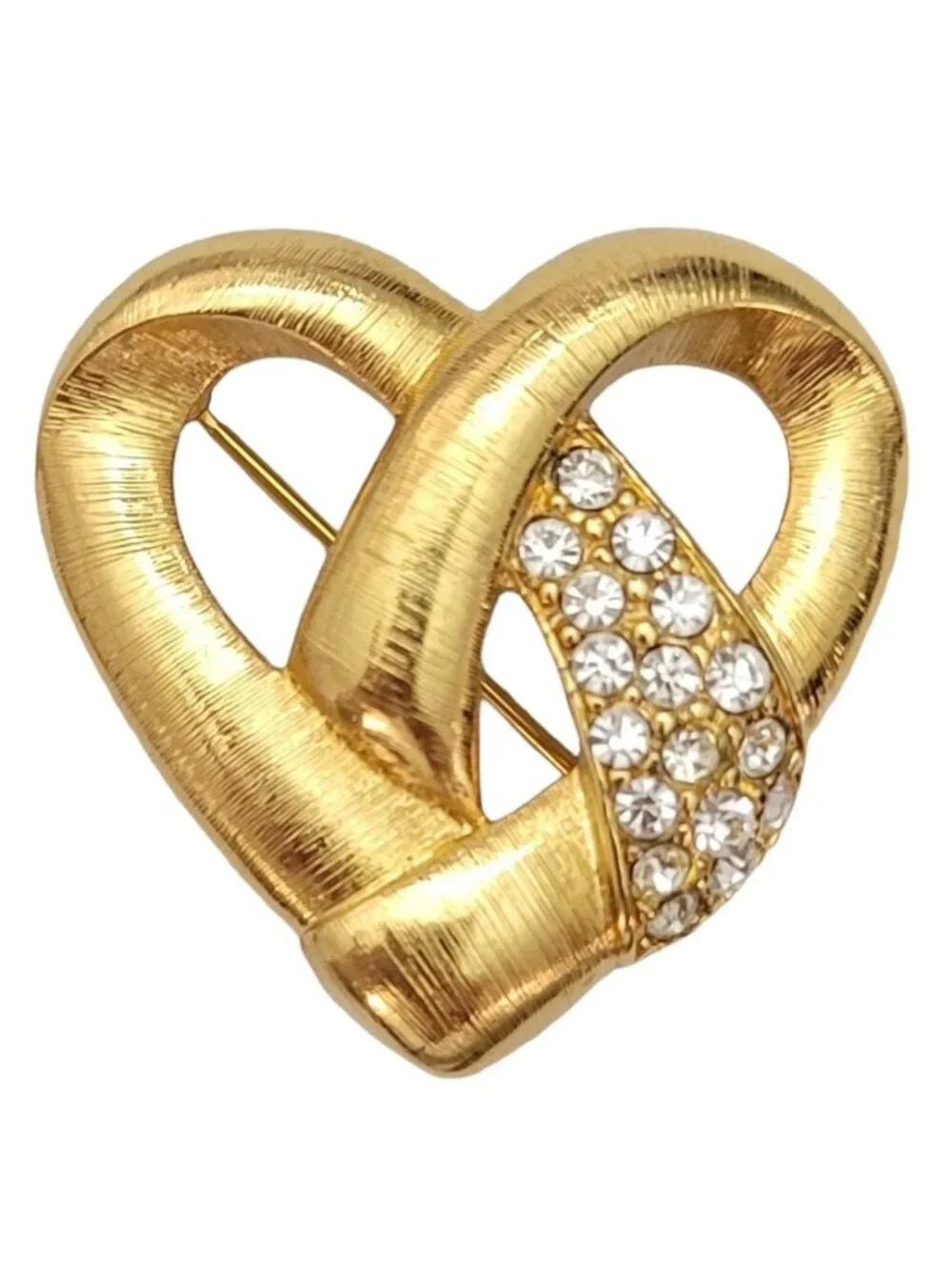 Monet Brushed Gold Tone Clear Rhinestone Vintage Open Heart Brooch, Signed E263